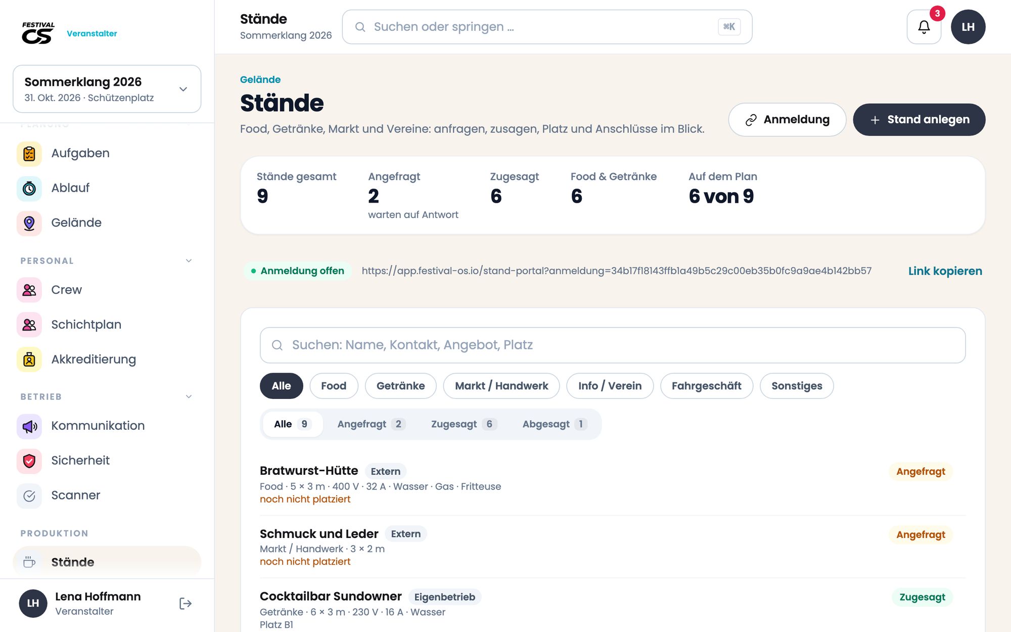 Alle Stände an einer Stelle, von der Anfrage bis zum Platz.